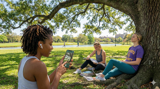 Audio tour guide for Audubon Park's oak trees in New Orleans by Uvamai Niche Tourism, showing lush park scenery and historic trees.