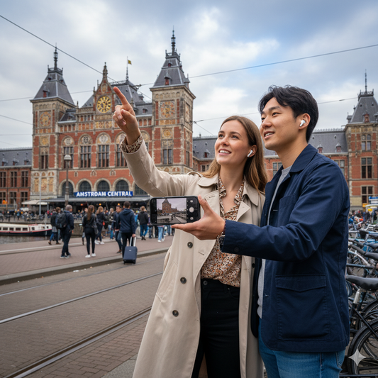 Audio tour device showing map of Amsterdam Central Station for Uvamai Niche Tourism's self-guided Amsterdam tour.