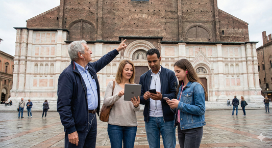 Bologna Self-Guided Audio Tour by Uvamai Niche Tourism, featuring historic Basilica di San Petronio in Bologna, Italy.