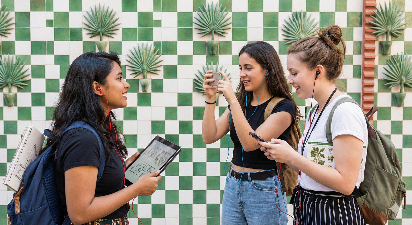 Self-guided audio tour device for Barcelona by Uvamai Niche Tourism, featuring headphones and tour controls.