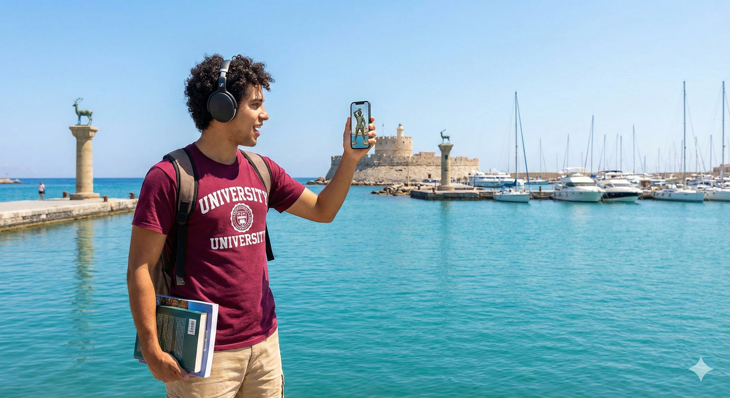 Self-guided audio tour of the Colossus of Rhodes site by Uvamai Niche Tourism, featuring historic ruins and scenic views.