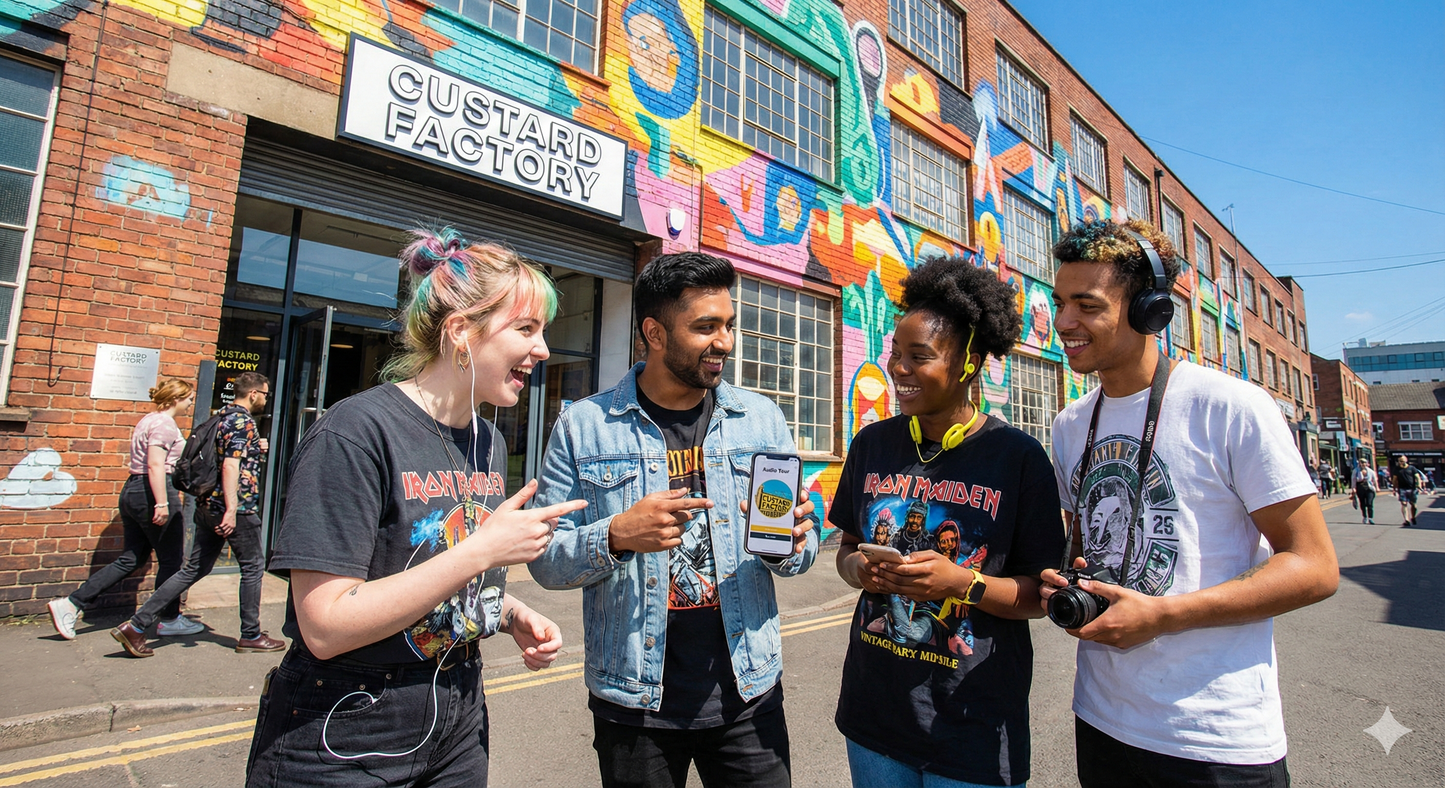 Self-guided audio tour of Birmingham's Custard Factory by Uvamai Niche Tourism, featuring historic industrial buildings and vibrant street art.