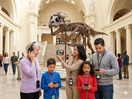 Self-guided Chicago audio tour by Uvamai Niche Tourism, featuring the Field Museum exhibit and museum interior.