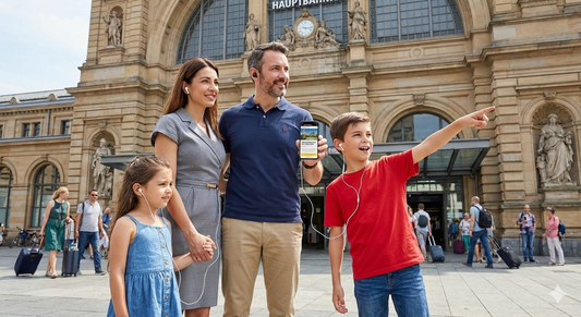 Self-guided audio tour of Frankfurt Hauptbahnhof station by Uvamai Niche Tourism, showing station interior with travelers and signage.