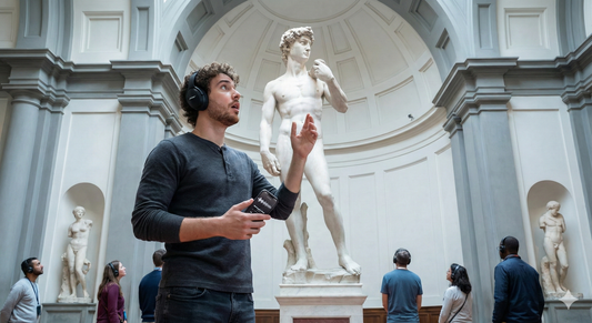 Self-guided audio tour of Florence's Galleria dell'Accademia by Uvamai Niche Tourism, featuring artwork and gallery interior.
