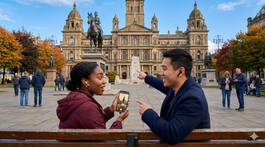 Audio guide for Glasgow self-guided tour by Uvamai Niche Tourism, featuring images of George Square in the city center.
