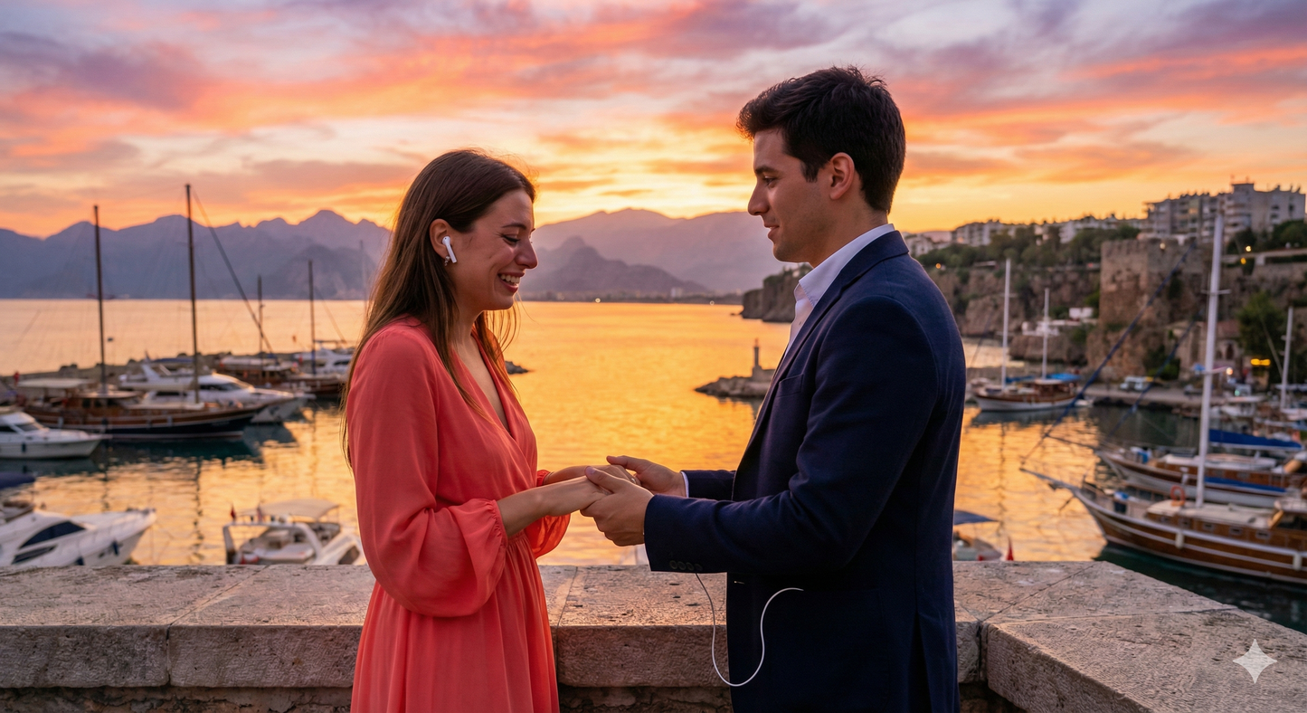 Self-guided audio tour of Kaleiçi Marina at sunset by Uvamai Niche Tourism, showcasing a romantic sunset proposal scene.