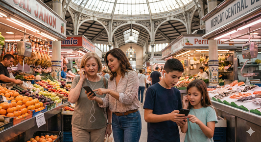 Audio tour guide image of Valencia Central Market, featuring vibrant market stalls and shoppers, by Uvamai Niche Tourism.