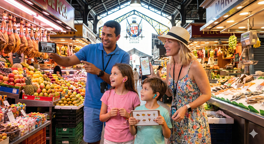 Self-guided audio tour of La Boqueria Market in Barcelona by Uvamai Niche Tourism, showing vibrant market stalls and fresh produce.