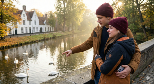 Audio guide device for the Bruges Self-Guided Audio Tour by Uvamai, showing a scenic view of Minnewater Lake in Bruges.