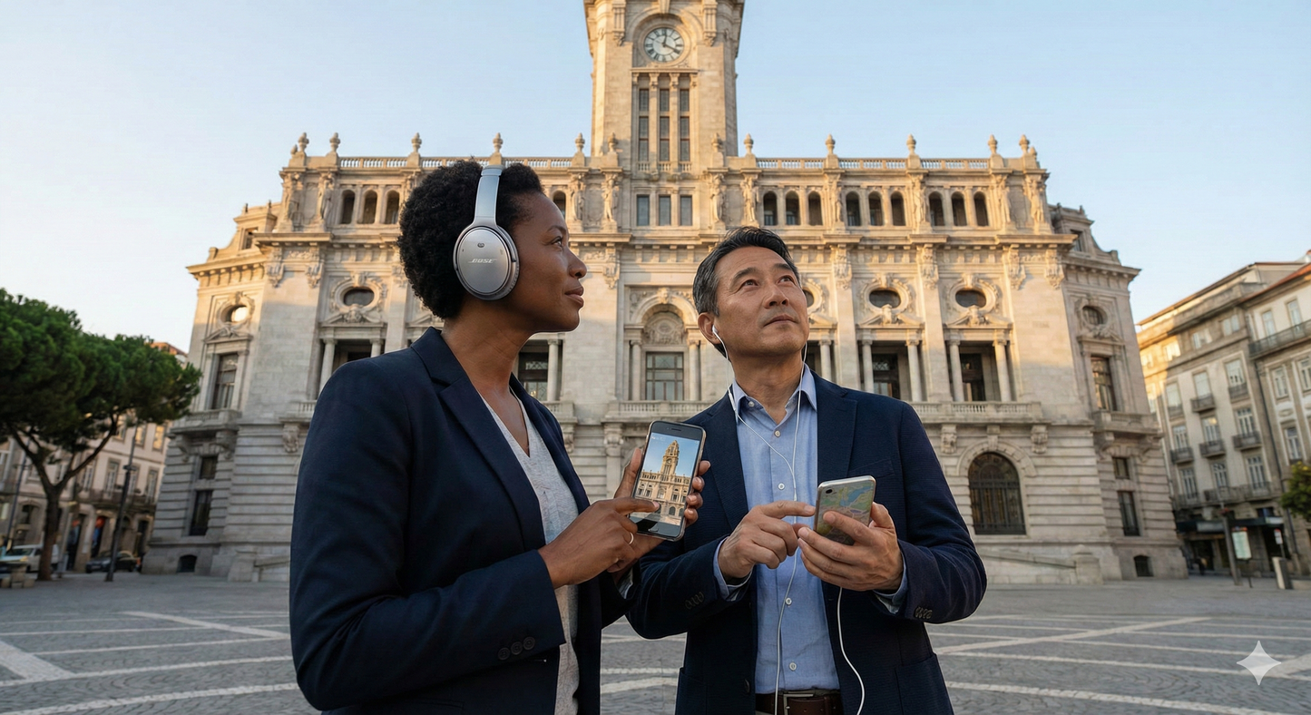 Self-guided audio tour of Porto City Hall by Uvamai Niche Tourism, featuring historic architecture and city views.