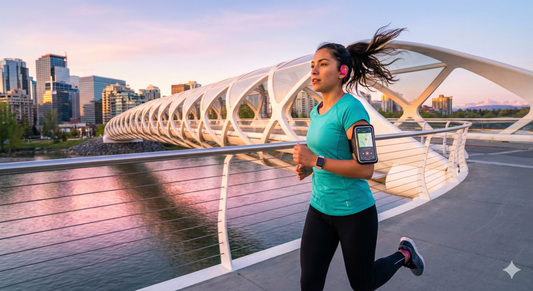 Calgary self-guided audio tour by Uvamai Niche Tourism featuring Peace Bridge at dawn with fitness enthusiasts.