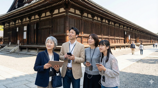 Self-guided audio tour image of Sanjusangendo Temple in Kyoto, featuring Uvamai Niche Tourism branding and temple architecture.