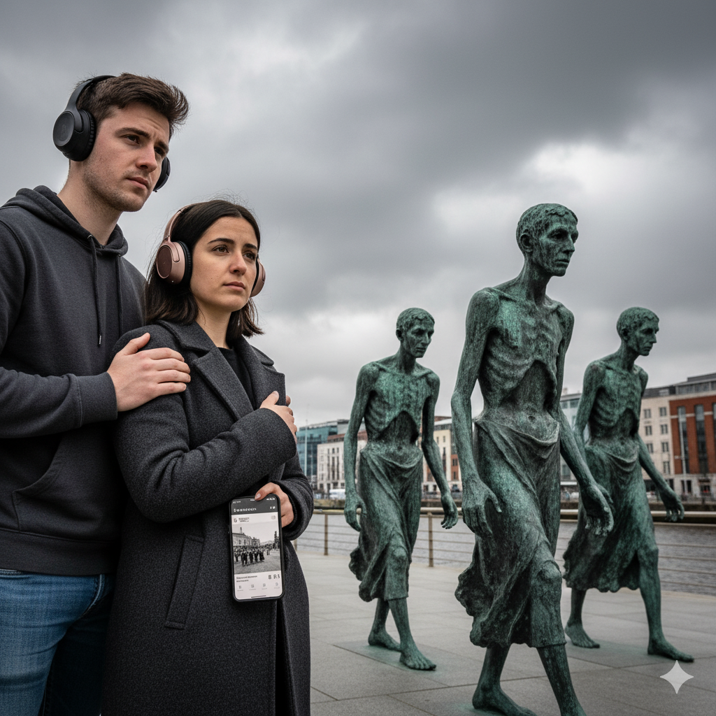 Self-guided audio tour of Dublin featuring images of The Famine Sculpture, by Uvamai Niche Tourism.