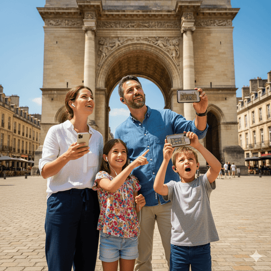 Bordeaux Self-Guided Audio Tour by Uvamai Niche Tourism, featuring a smartphone and headphones for exploring Bordeaux city sights.