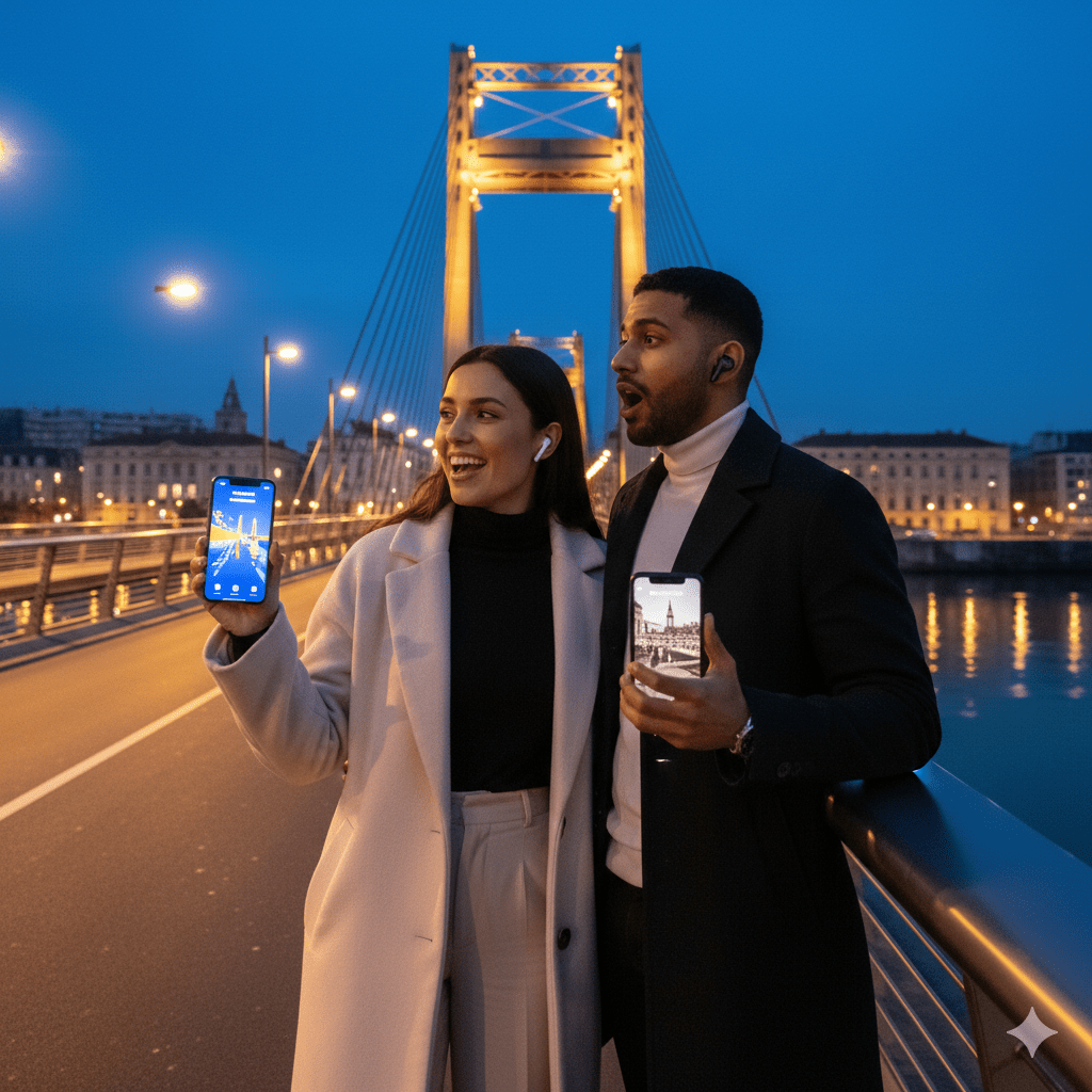 Bordeaux Self-Guided Audio Tour by Uvamai Niche Tourism shown on a mobile device screen with map and audio controls.