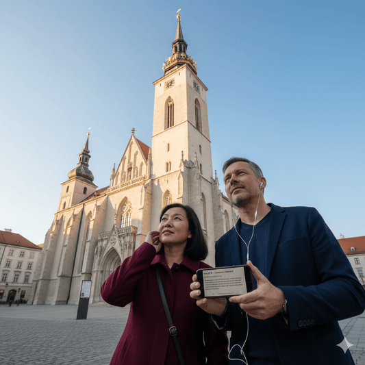 Bratislava Self-Guided Audio Tour by Uvamai Niche Tourism, featuring a smartphone and headphones for exploring the city.
