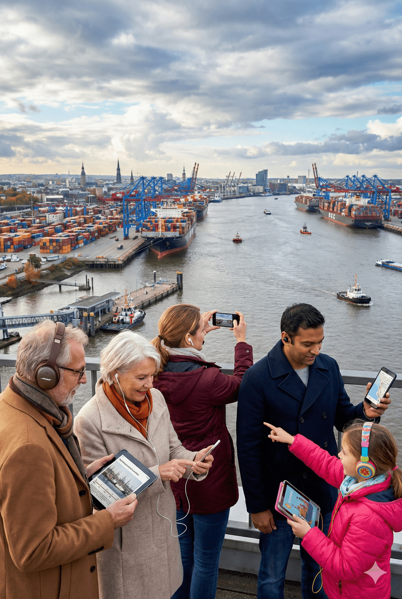 Audio tour device for Hamburg self-guided tour by Uvamai Niche Tourism, showing headphones and tour interface.