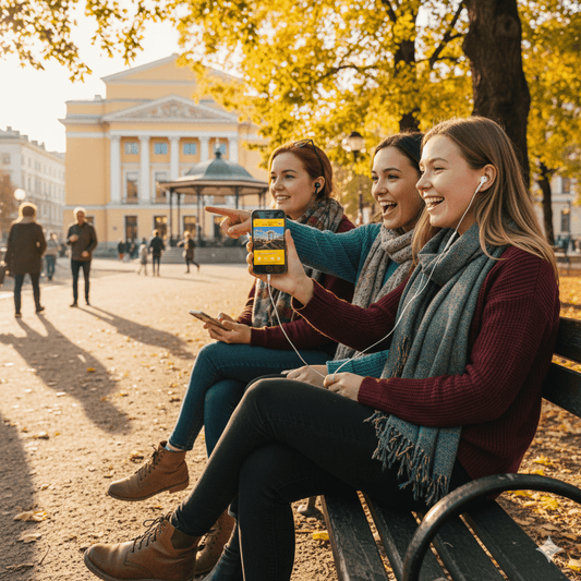 Helsinki Self-Guided Audio Tour by Uvamai Niche Tourism, featuring headphones and smartphone with Helsinki landmarks on screen