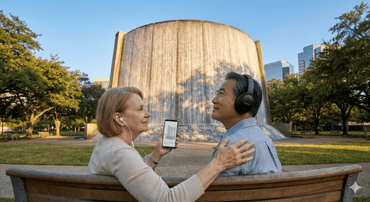 Audio tour device for Houston city exploration by Uvamai Niche Tourism, featuring headphones and tour interface.