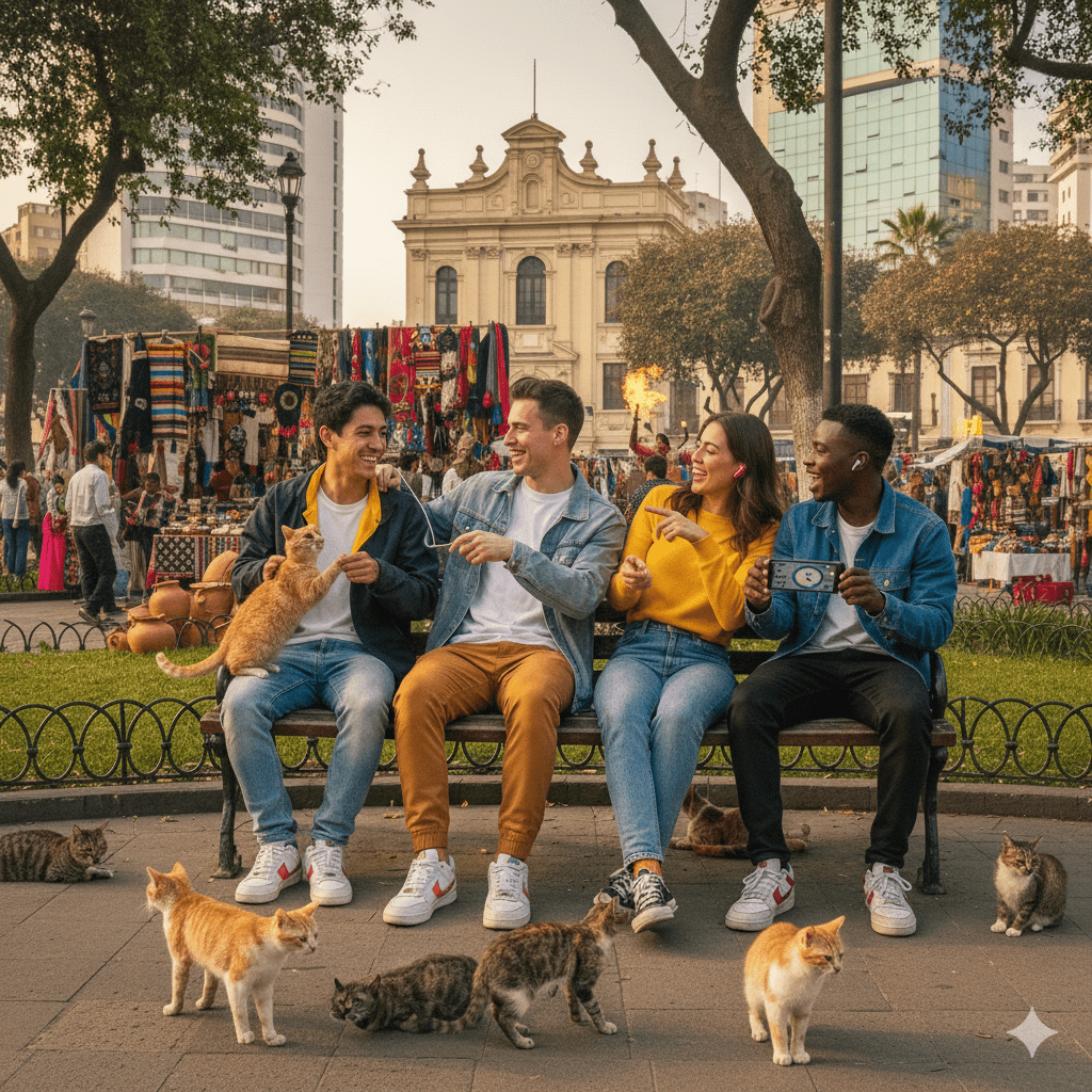 Lima Self-Guided Audio Tour by Uvamai Niche Tourism, showing a smartphone with tour app and scenic images of Lima's landmarks.