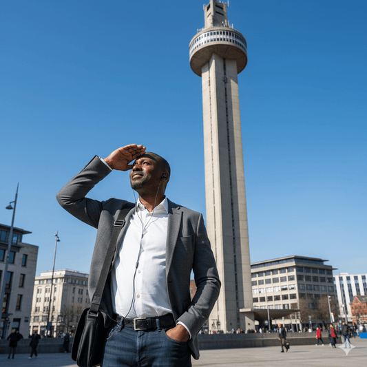 Liverpool self-guided audio tour by Uvamai Niche Tourism, featuring headphones and tour device over cityscape background.
