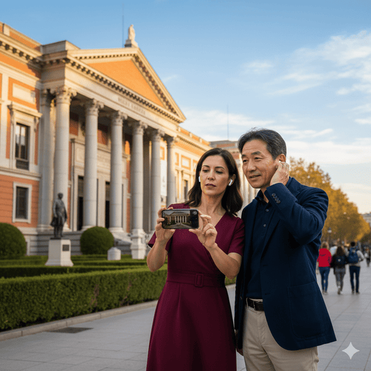 Madrid Self-Guided Audio Tour by Uvamai Niche Tourism featuring a smartphone with map and audio device on a city background