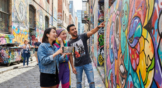 Melbourne Self-Guided Audio Tour by Uvamai Niche Tourism, featuring headphones and smartphone interface for exploring the city.