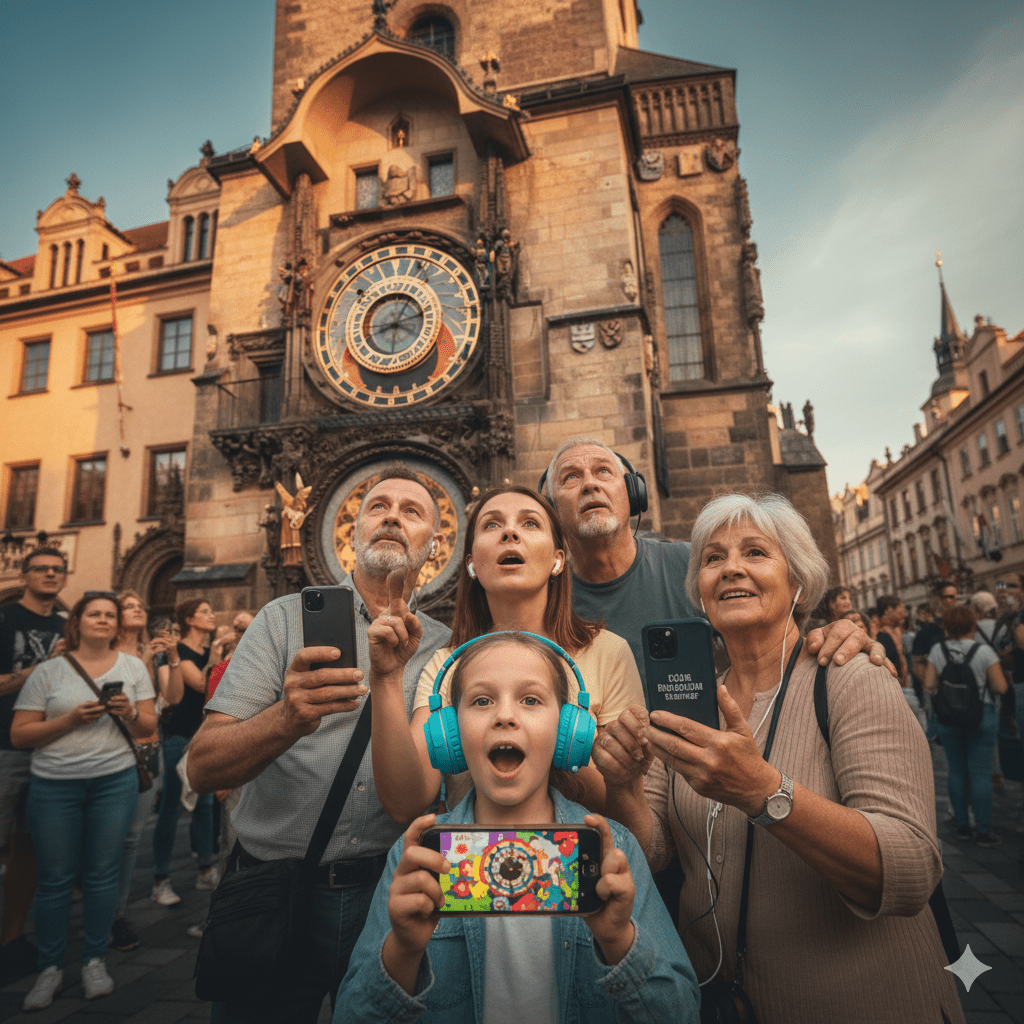 Audio tour device for Prague self-guided tour by Uvamai Niche Tourism showing headphones and map interface.