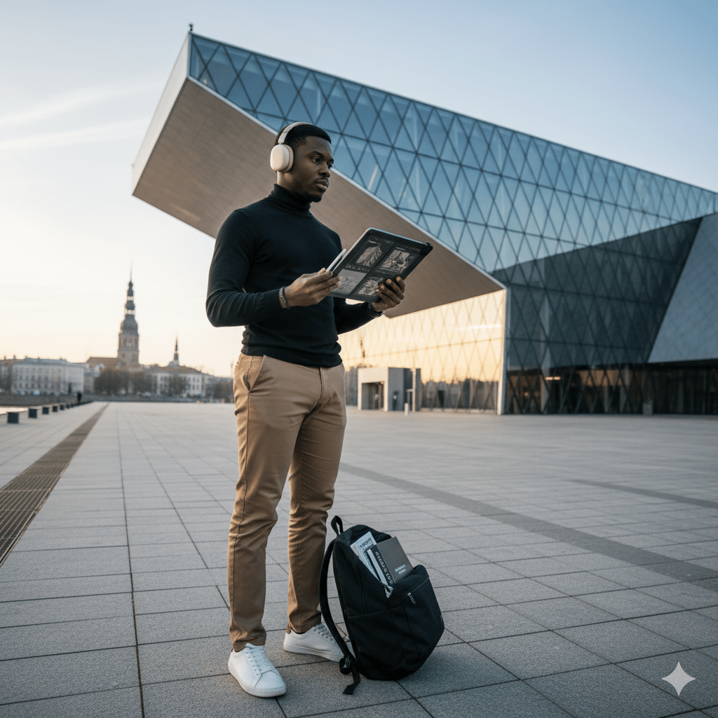 Riga Self-Guided Audio Tour by Uvamai Niche Tourism, showing a smartphone with historical city images on the screen.