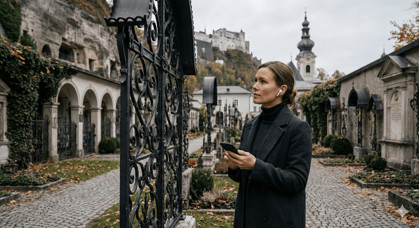 Salzburg Self-Guided Audio Tour by Uvamai Niche Tourism featuring headphones and a mobile device for exploring the city.