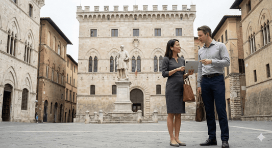 Siena Self-Guided Audio Tour by Uvamai Niche Tourism showing a smartphone with tour app and Siena cityscape in the background