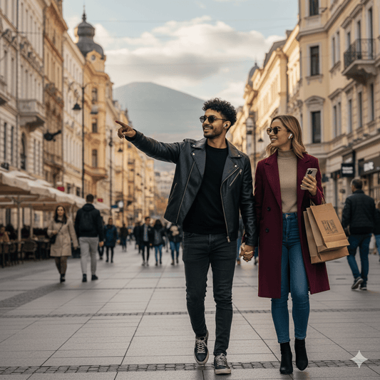Sofia self-guided audio tour by Uvamai Niche Tourism featuring a smartphone with map and headphones for exploring Sofia city.