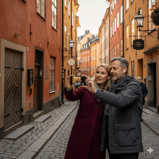 Stockholm Self-Guided Audio Tour by Uvamai Niche Tourism, featuring a smartphone with map and audio playback for exploring Stockholm.