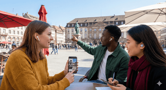 Audio guide device for Strasbourg Self-Guided Audio Tour by Uvamai Niche Tourism, showing headphones and tour interface.