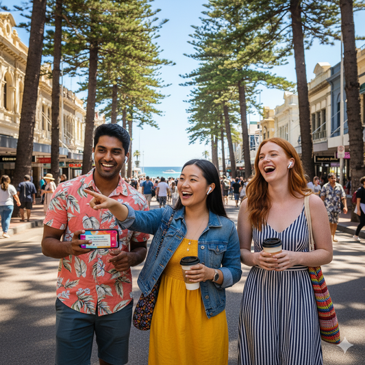 Sydney Self-Guided Audio Tour by Uvamai Niche Tourism, featuring a smartphone with tour app and scenic Sydney landmarks visible.