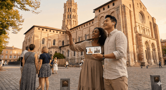 Self-guided audio tour of Toulouse by Uvamai Niche Tourism, showing a map and headphones for exploring the city independently.