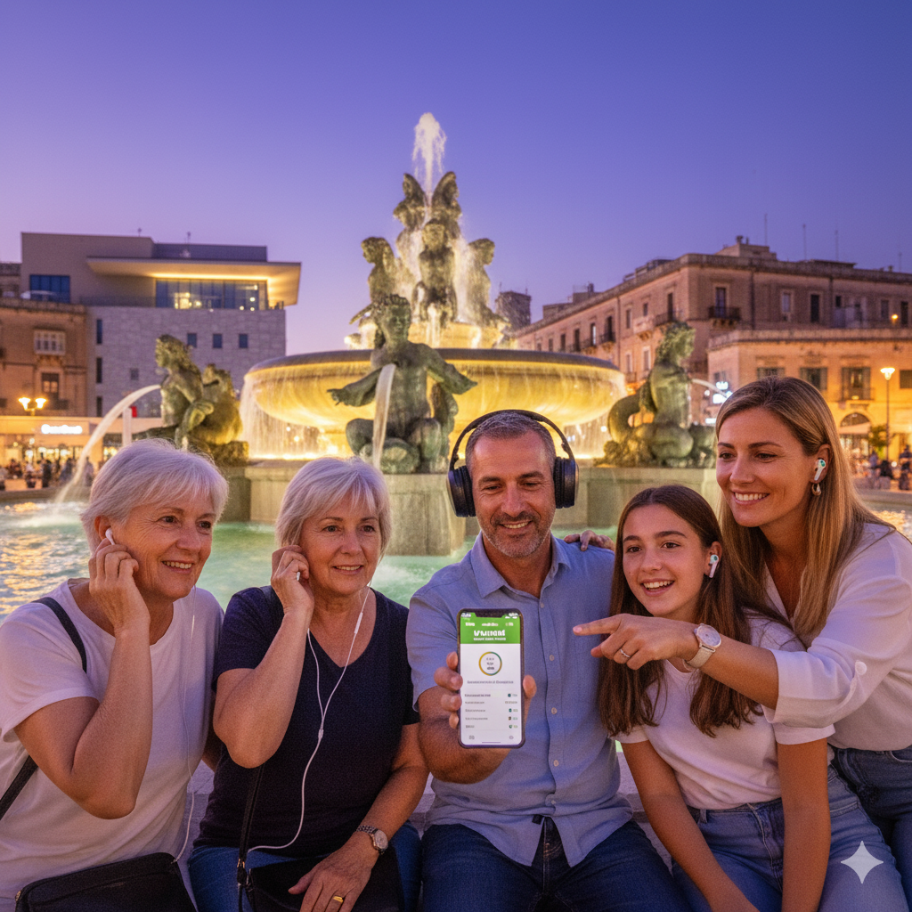Valletta self-guided audio tour by Uvamai Niche Tourism, showing a smartphone and headphones with historical cityscape background.