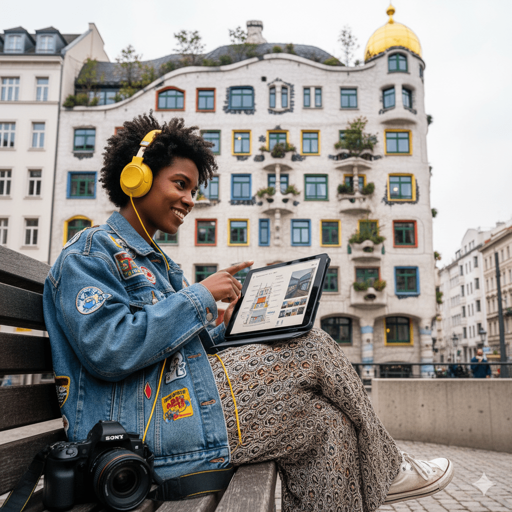 Vienna Self-Guided Audio Tour by Uvamai Niche Tourism displayed on a mobile device, showcasing city landmarks and audio interface.