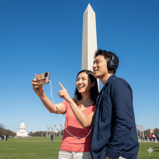 Self-guided audio tour of Washington DC by Uvamai Niche Tourism, showing a smartphone with historical landmarks on the screen.