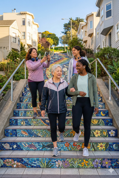 Self-guided audio tour of San Francisco's 16th Avenue Tiled Steps by Uvamai Niche Tourism, showing colorful tiled staircase.