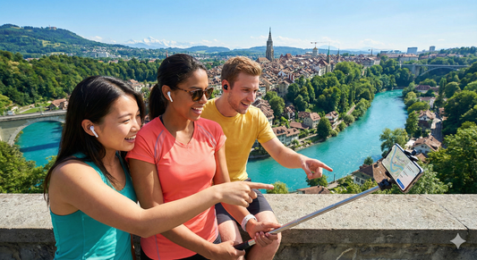 Panoramic view of the Aar River captured during the Uvamai Niche Tourism Bern Self-Guided Audio Tour.
