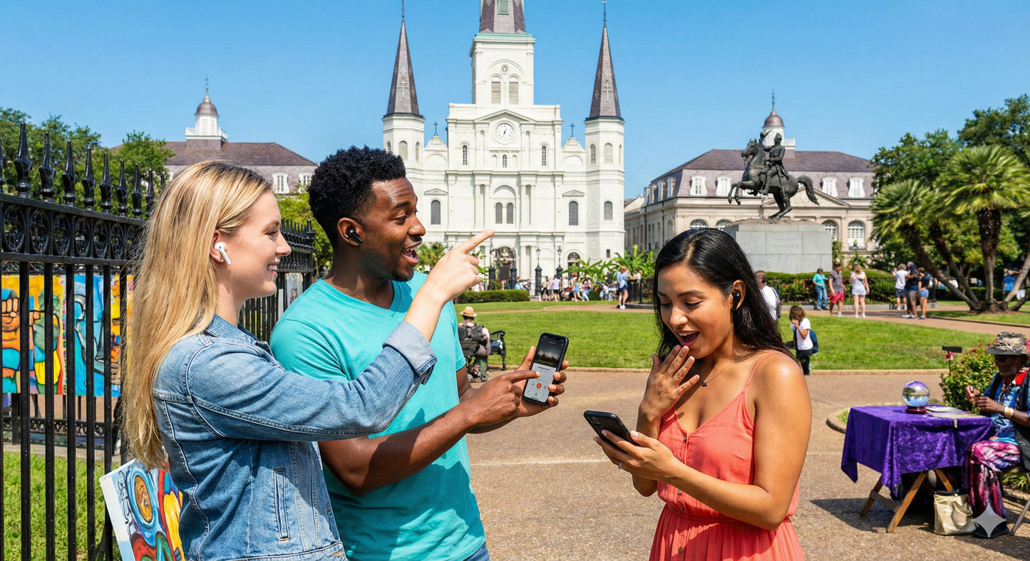 Self-guided audio tour of Jackson Square in New Orleans with street performers, by Uvamai Niche Tourism.
