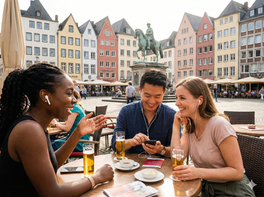 Self-guided audio tour by Uvamai Niche Tourism, featuring a portable device for exploring Cologne's landmarks.