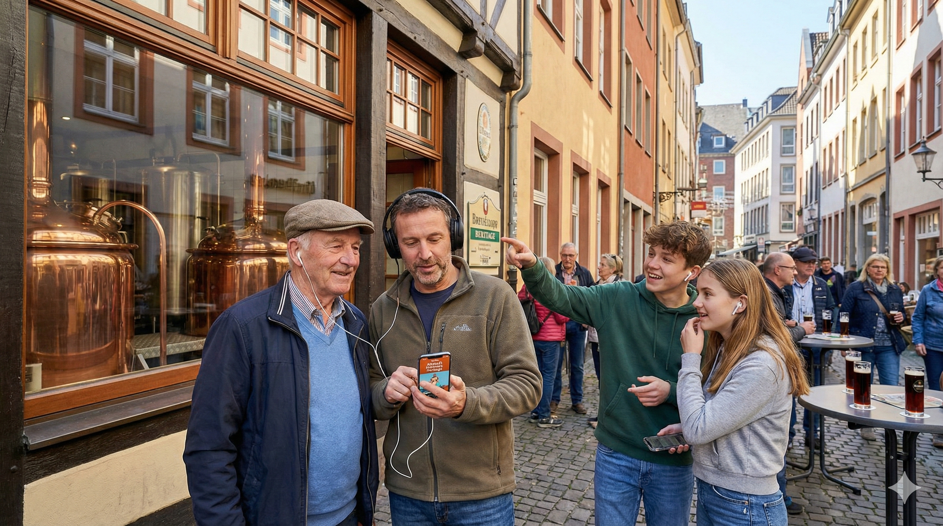 Old town scene in Düsseldorf from Uvamai Niche Tourism's self-guided audio tour, featuring historic architecture and cobblestone streets.