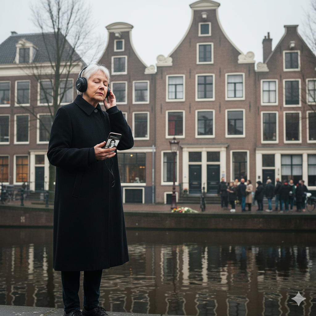 Self-guided audio tour of Anne Frank House by Uvamai Niche Tourism, featuring images of the historic site and audio equipment.