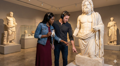 Self-guided audio tour device for Antalya museum experience by Uvamai Niche Tourism, showing a user listening to the tour.