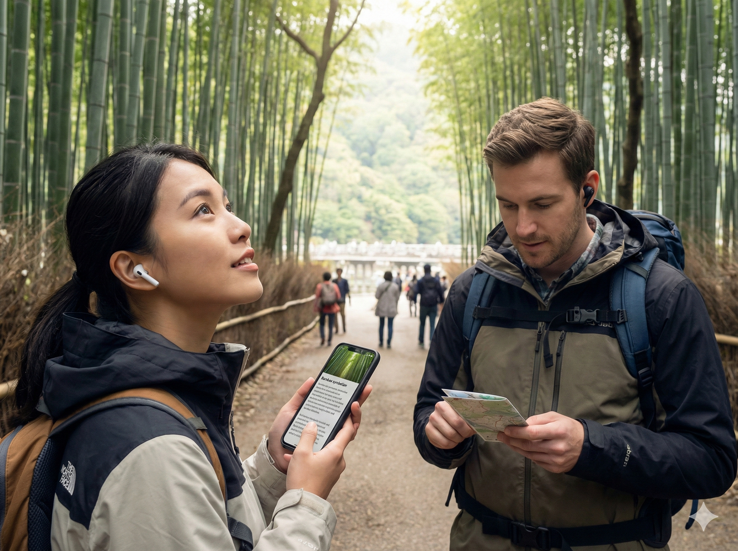 Audio guide device featuring Arashiyama scenery for the Kyoto Self-Guided Audio Tour by Uvamai Niche Tourism.