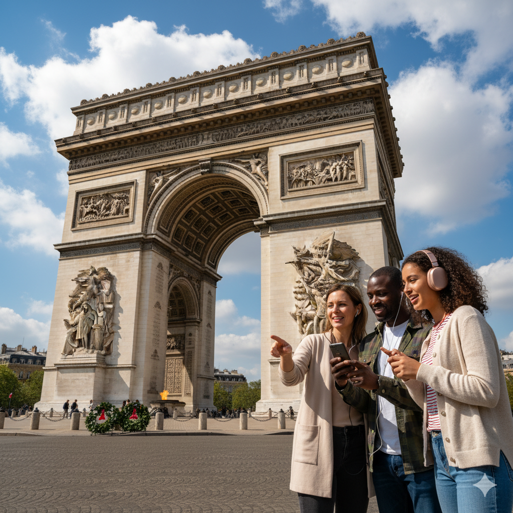 Self-guided audio tour of the Arc de Triomphe in Paris by Uvamai Niche Tourism, featuring detailed views of the monument.
