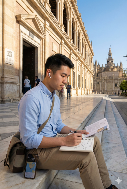 Self-guided audio tour by Uvamai Niche Tourism showcasing historic sites in Seville with audio guide device.